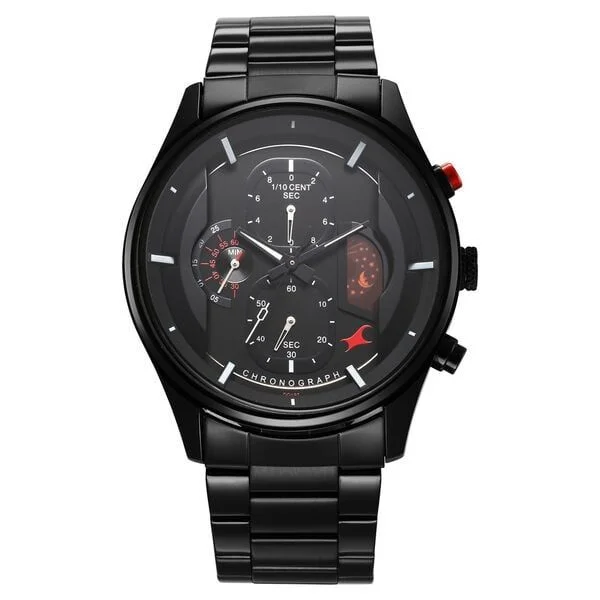 Fastrack Opulence Sun Moon Chronograph Black Dial Black Metal Strap Analog Quartz Watch For Guys (3315KM01)