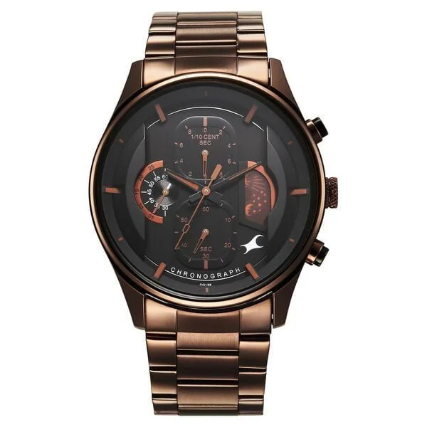 Fastrack Opulence Sun Moon Chronograph Black Dial Brown Metal Strap Analog Quartz Watch For Guys (3315KM02)