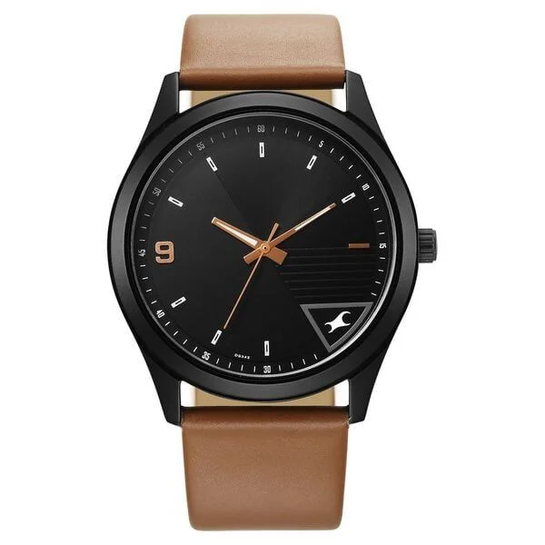 Fastrack Stunners Quartz Analog Black Dial Brown Leather Strap Watch For Guys (3317NL02)