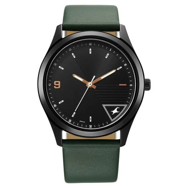 Fastrack Stunners Quartz Analog Black Dial Green Leather Strap Watch For Guys (3317NL01)