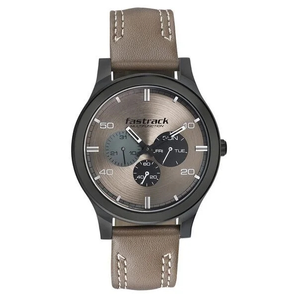 Fastrack Dial It Up Quartz Multifunction Beige Dial Leather Strap Watch for Guys (NS3252NL01)