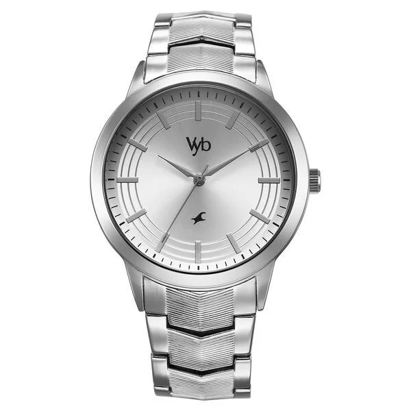 Fastrack Vyb Atlas Quartz Analog Silver Dial Silver Metal Strap Watch For Guys (FV30002SM01W)