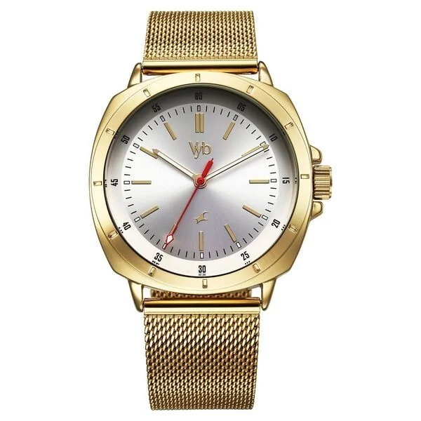 Fastrack Vyb Pioneer Quartz Analog Silver Dial Golden Metal Strap Watch For Guys (FV30014YM01W)