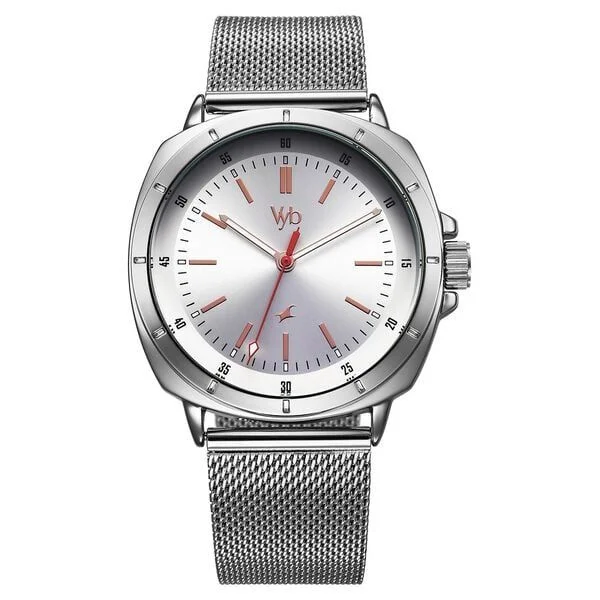Fastrack Vyb Pioneer Quartz Analog Silver Dial Silver Metal Strap Watch For Guys (FV30014SM01W)
