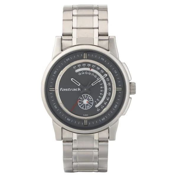Fastrack Go Skate Quartz Analog with Day and Date Grey Dial Stainless Steel Strap Watch for Guys (NS3215SM02)
