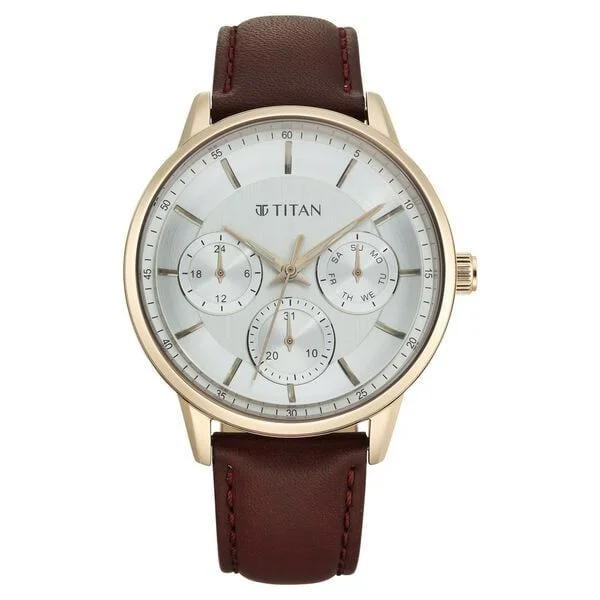 Titan Urban Magic Silver Dial Quartz Multifunction Leather Strap watch for Men (NS90133WL01)