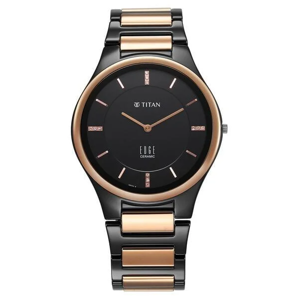 Titan Edge Ceramic Quartz in Midnight Gold with Diamonds and Black Dial Watch for Men (1696KC02)