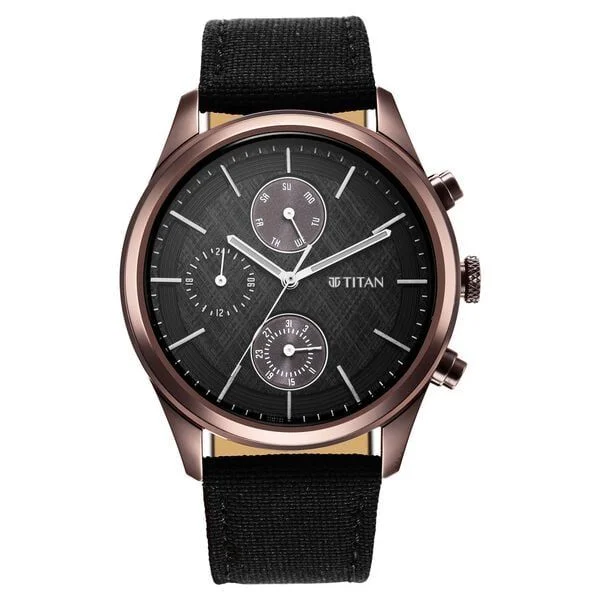 Titan Men's Infinity Chrono watch: Precise Blue Dial, Rose Gold Highlights, Durable Leather Strap (NS1805QP01)
