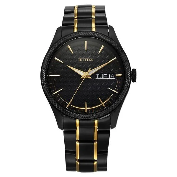 Titan Regalia Opulent Quartz Analog with Day and Date Black Dial Two Toned Stainless Steel Strap Watch for Men (1805KM10)