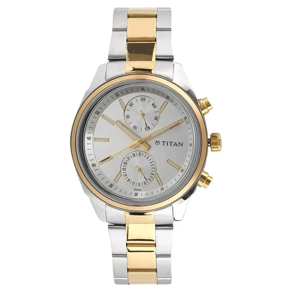 Titan Men's Metropolitan Luxe: Multifunction Silver Dial with Two-Tone Stainless Steel Bracelet Watch (NS1733BM01)