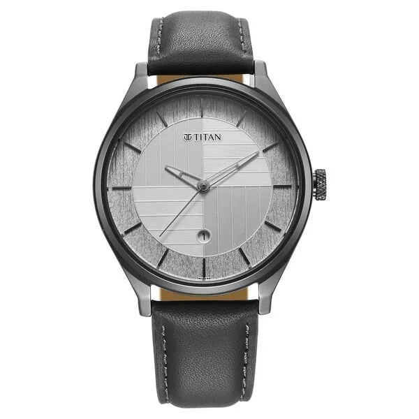 Titan Neo Economy Quartz Analog with Date Silver Dial Grey Leather Strap Watch For Men (1802QL01)