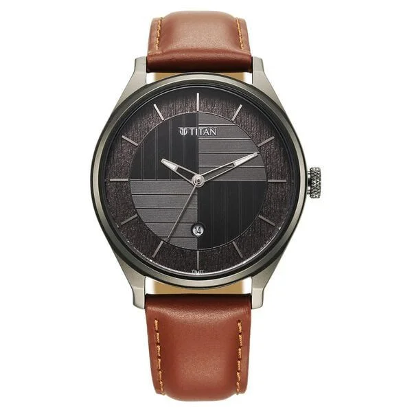 Titan Neo Economy Quartz Analog with Date Grey Dial Brown Leather Strap Watch For Men (1802QL03)