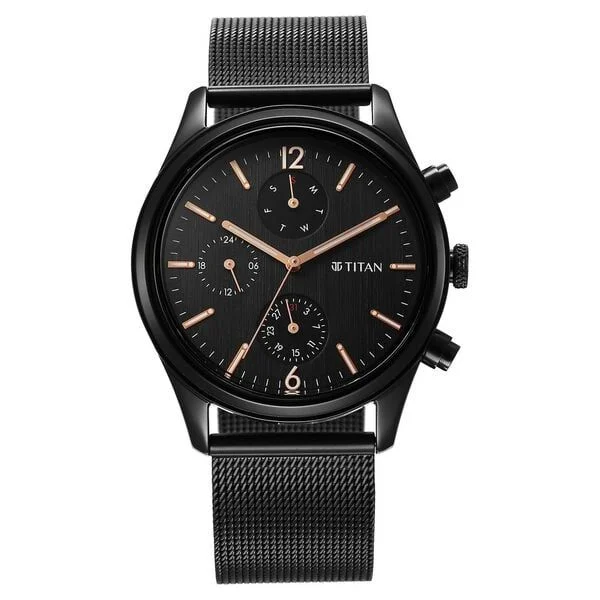 Titan Neo Black &amp; Gold Quartz Analog with Day and Date Black Dial Stainless Steel Strap Watch for Men (NS1805NM05)