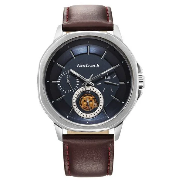 Fastrack Exuberant Quartz Multifunction Blue Dial Leather Strap Watch for Guys (3303SL01)