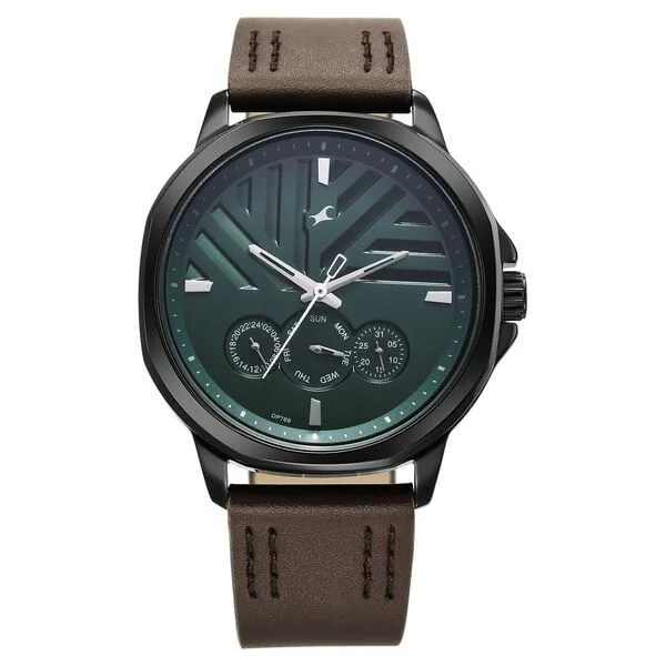 Fastrack Fleek Quartz Multifunction Green Dial Leather Strap Watch for Guys (3303NL01)