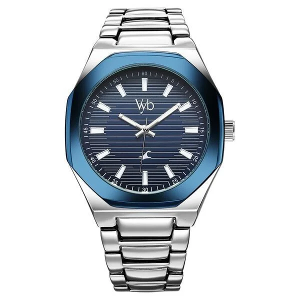 Fastrack Vyb Limitless Quartz Analog Blue Dial Silver Color Metal Strap Watch For Guys (FV30012KM02W)