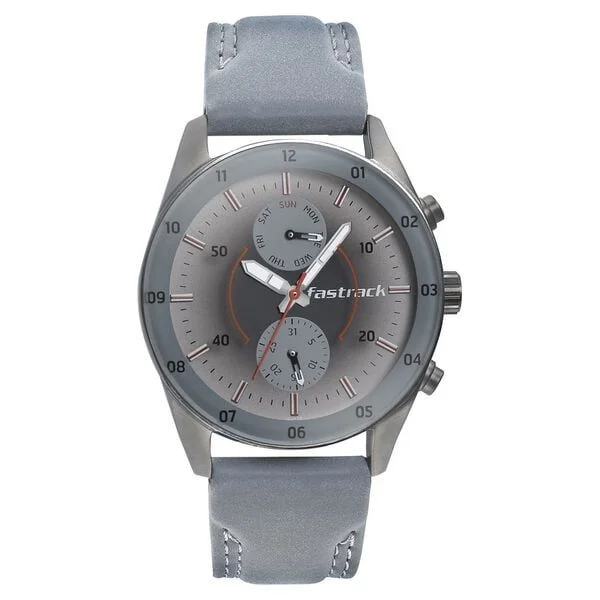 Fastrack Space Rover Quartz Multifunction Grey Dial Leather Strap Watch for Guys (NP3201QL01)