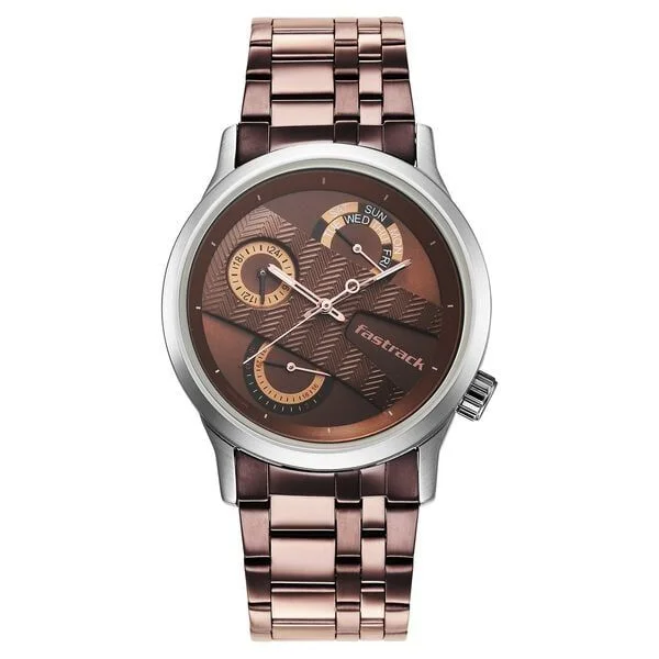 Fastrack Exuberant Quartz Multifunction Brown Dial Metal Strap Watch for Guys - 3281KM03