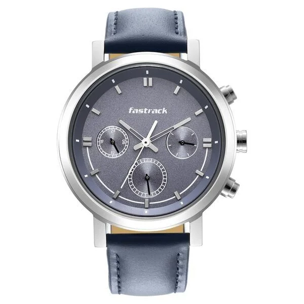 Fastrack Tick Tock Quartz Multifunction Blue Dial Leather Strap Watch for Guys - 3287SL01