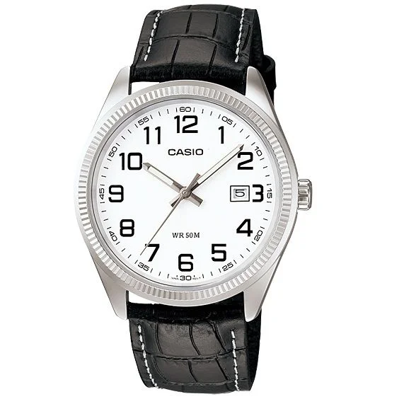 Casio white dial leather belt watches for men (MTP-1302L-7BV)