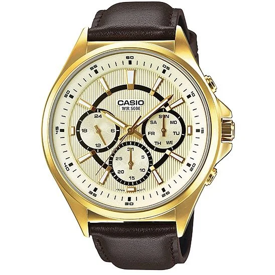 Casio golden Multi Functional leather belt watch (MTP-E303GL-9AV)