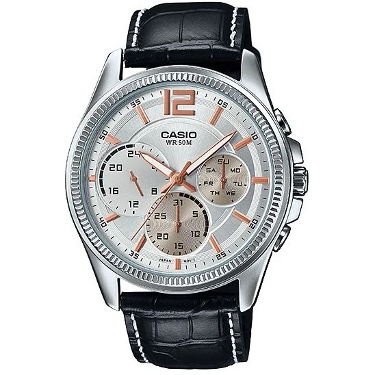 Casio leather belt watches with white dial (MTP-E305L-7AV)